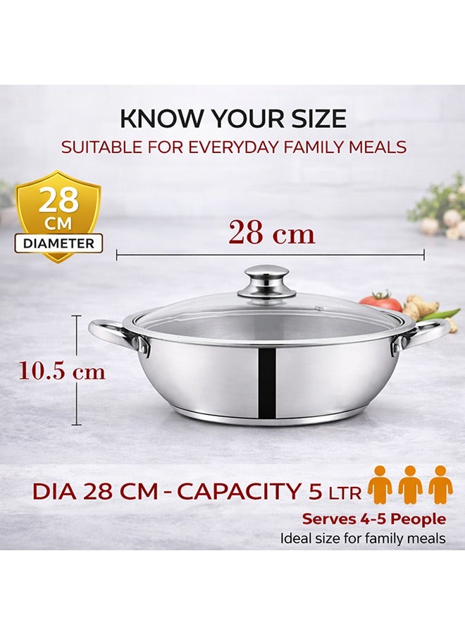 SONEX Mega Wok/Kadai, 28 cm (5 Ltr) Stainless Steel – Glass Lid with Steam Vent, Durable Handles, Sandwich Bottom for Even Heating, Sleek Modern Design for Efficient and Stylish Cooking - Image 2